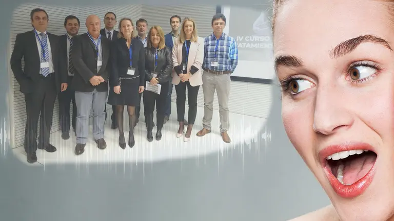 Los ponentes con los organizadores del curso sobre patologías de la voz, la doctora Uzcanga, en el centro, y el doctor Maraví, a la derecha CEDIDA 1