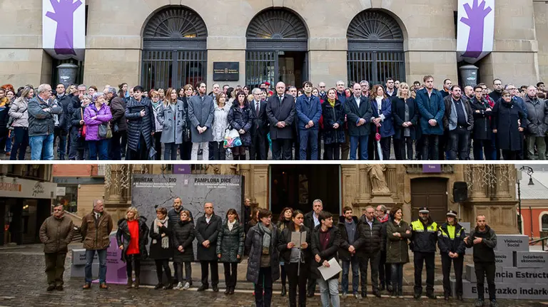 Arriba, la concentración en el Gobierno de Navarra, abajo, la celebrada en el Ayuntamiento de Pamplona. I ALZUGARAY P LASAOSA