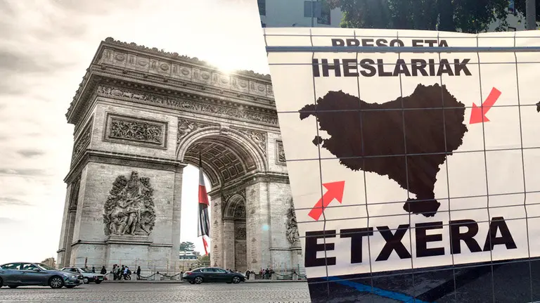 El Arco del Triunfo y un cartel en defensa de los  presos de ETA