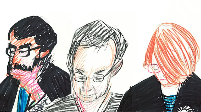 Ilustración de los tres magistrados durante el juicio a &#39;La Manada&#39;. GUILLÉN ZAZPE