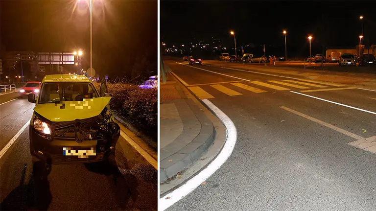 A la izquierda, uno de los vehículos implicados en la colisión por alcance en la avenida Navarra y, a la derecha, el paso de ceb