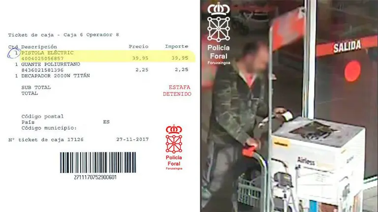 El tique que demuestra la estafa realizada por un hombre a un comercio cercano a Pamplona. POLICÍA FORAL