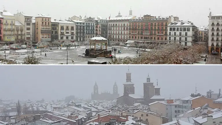 La plaza del Castillo nevada y una vista general de Pamplona desde la torre de San Lorenzo. NAVARRACOM