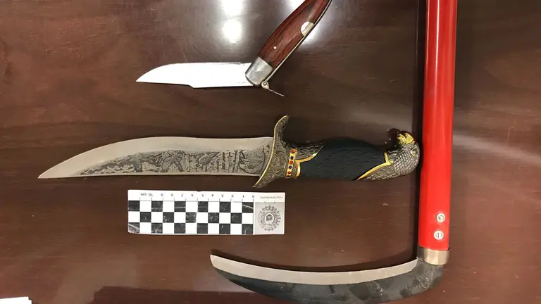 Cuchillo, navaja y guadaña metálica intervenidas en una pelea familiar en Pamplona.