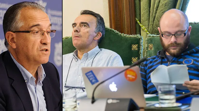 El portavoz de UPN en el Ayuntamiento de Pamplona, Enrique Maya, junto a la imagen de los ediles de Aranzadi, Manuel Millera y Armando Cuenca. NAVARRA.COM