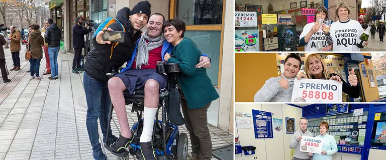 Varios instantes que ha dejado el sorteo de la lotería de Navidad en Pamplona. IÑIGO ALZUGARAY Y PABLO LASAOSA