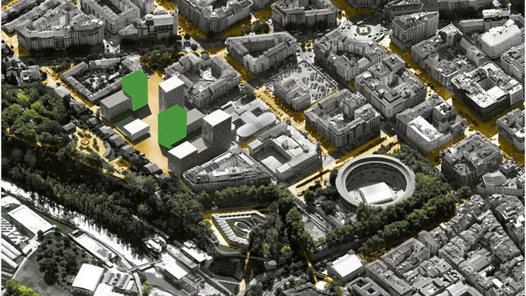 Vista área señalizada de la zona de Salesianos, en el centro de Pamplona