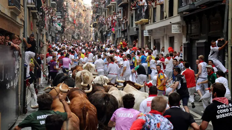 Toros de Pedraza de Yeltes saliendo de la curva de Estafeta. REUTERS (3)