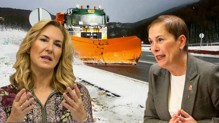 La presidenta del PPN, Ana Beltrán, y la presidenta del Gobierno, Uxue Barkos, sobre una imagen de la nevada en las carreteras navarras FOTOMONTAJE