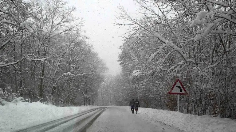 GRA205 RONCESVALLES (NAVARRA), 15/01/2017.- Dos personas caminan por la N-135 en el t&eacute;rmino de Roncesvalles (Navarra), comunidad donde contin&uacute;a el temporal de nieve con esperoses que alcanzan los 50cm de nieve. EFE/Villar L&oacute;pez