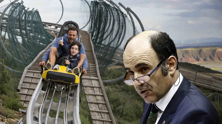 Fotomontaje del vicepresidente Ayerdi tras una imagen de un padre y su hija en la montaña rusa de Sendaviva