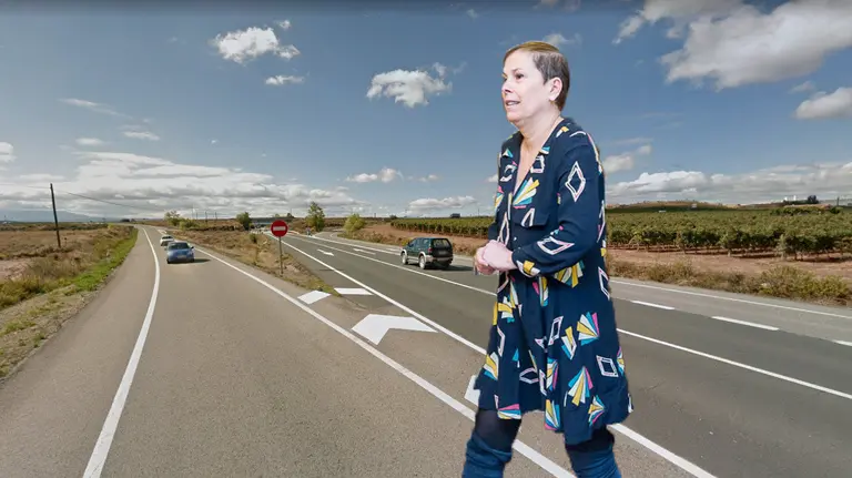 La presidenta Uxue Barkos junto a la imagen de una carretera de Navarra FOTOMONTAJE