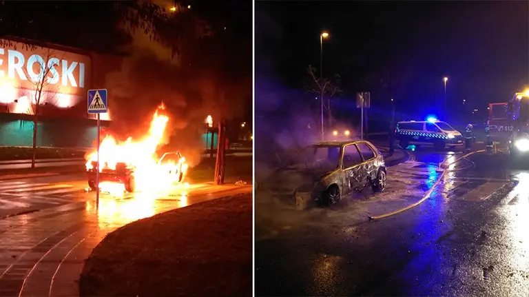 A la izquierda, el vehículo envuelto en llamas y, a la derecha, el coche totalmente calcinado. POLICÍA MUNICIPAL DE PAMPLONA