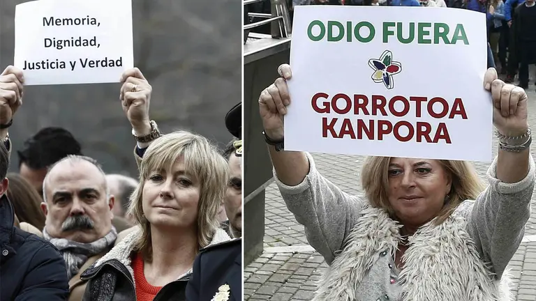 La consejera del Gobierno de Navarra, Ana Ollo, en un homenaje a las víctimas del terrorismo en el que los familiares exigen justicia y verdad, junto a la imagen de Consuelo Ordóñez, de Covite, en una concentración en Alsasua. NAVARRA.COM