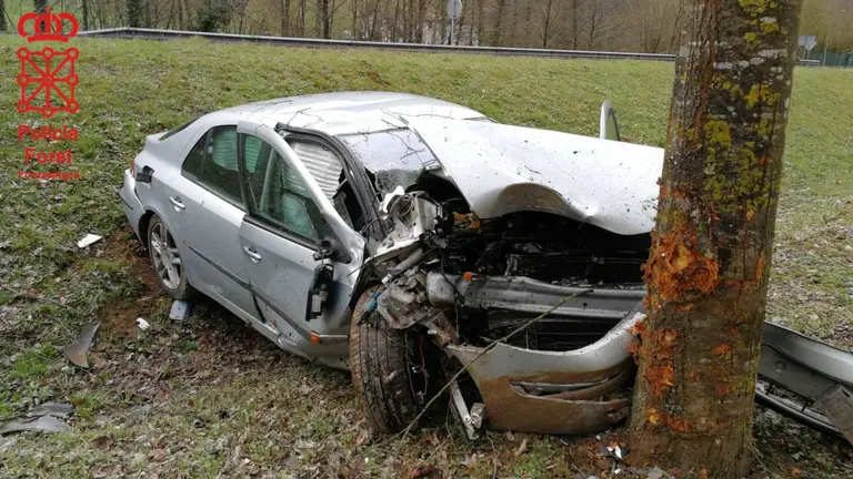 Estado del coche en el que ha resultado herido grave un hombre de 76 años tras salirse de la carretera en Baztán POLICÍA FORAL