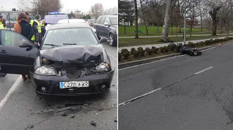 A la izquierda, la colisión entre tres vehículos en la calle Tajonar y, a la derecha, la moto caída tras la embestida lateral de un turismo. POLICÍA MUNICIPAL