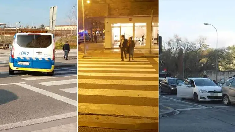 Lugares en los que se han producido los atropellos (izquierda y centro) y una de las colisiones múltiples en Pamplona. POLICÍA MUNCIPAL