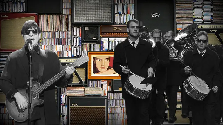 Serafín Zubiri caracterizado como Elvis y la Pamplonesa FOTOMONTAJE