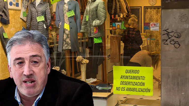 Fotomontaje del alcade de Pamplona, Joseba Asirón, sobre uno de los negocios en los que puede leerse un cartel de rechazo a los cambios del tráfico.