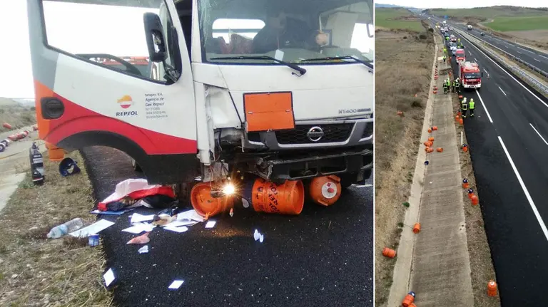 Imagen del camión de butano accidentado tras chocar con un coche en la A12 BOMBEROS DE NAVARRA 3