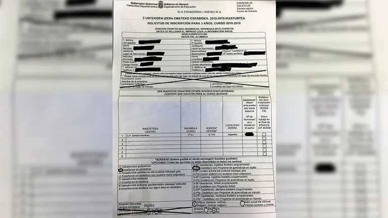 El formulario de preinscripción escolar enviado por el Gobierno de Navarra en esta campaña. CEDIDA