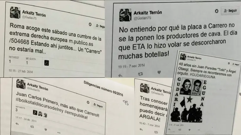 Capturas de varios de los tuits por los que se acusó de enaltecer el terrorismo a Arkaitz Terrón