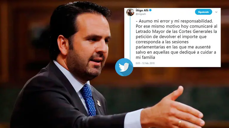 El diputado de UPN en la tribuna del Congreso junto a uno de los tuits que ha hecho públicos sobre sus ausencias.