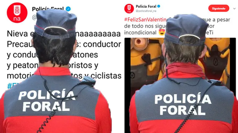 Imagen del tuit con mensaje inclusivo publicado y borrado posteriormente por la Policía Foral y su nuevo mensaje dando las gracias por el apoyo recibido