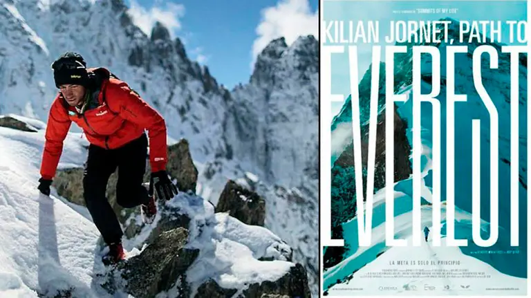 En imagen, el alpinista Kilian Jornet ascendiendo una cumbre junto al cartel de su película, Camino al Everest