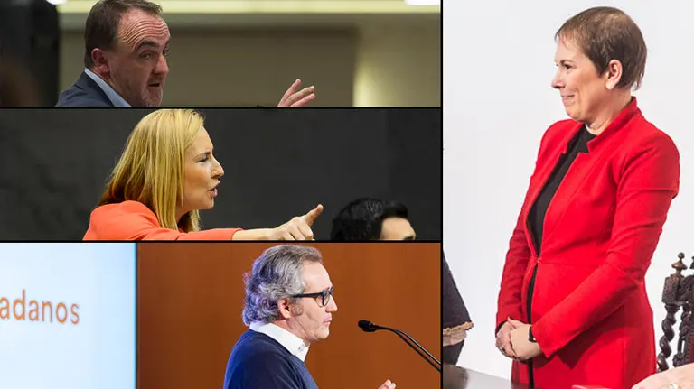 Javier Esparza, de UPN, Ana Beltrán, de PPN, y Carlos Pérez Nievas, de Ciudadanos, junto a una imagen de la presidenta Uxue Barkos. NAVARRA.COM