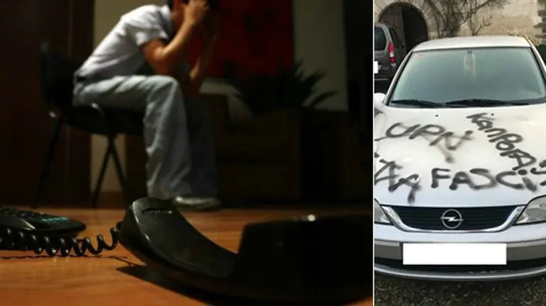 Imagen de un hombre recibiendo amenazas telefónicas y el coche del concejal de UPN atacado por radicales de la izquierda abertzale