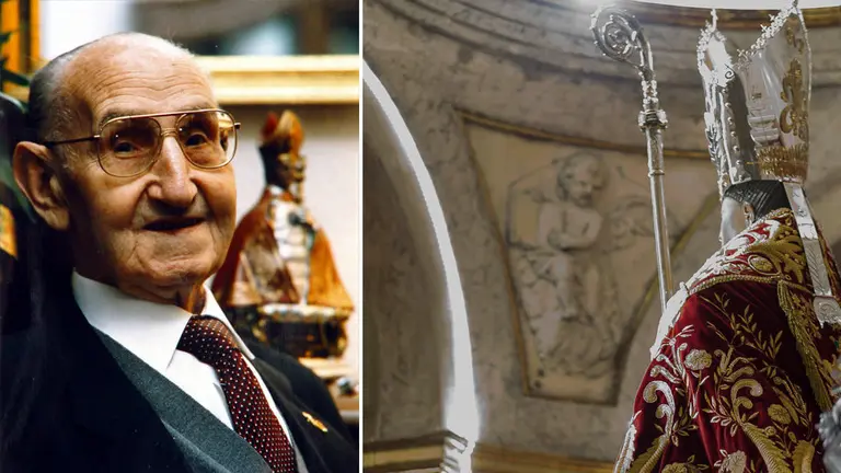 Imagen del compositor navarro Manuel Turrillas junto a una fotografía de la capilla de San Fermín durante la última misa de escalera NAVARRACOM
