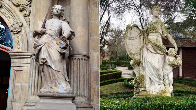Imagen de los daños en las esculturas de la Justicia, en el Ayuntamiento de Pamplona, y la Beneficiencia, en el parque de la Taconera CEDIDAS