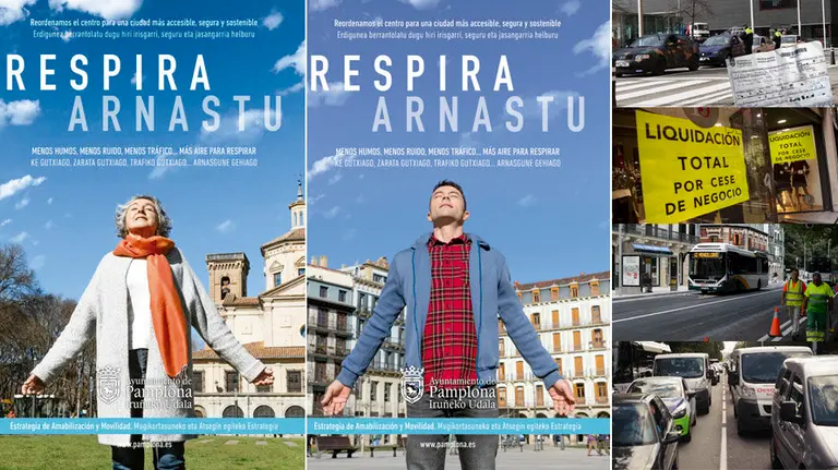 Las imágenes de la campaña de comunicación que lanza el cuatripartito sobre los cortes de tráfico en Pamplona junto a las fotografías de las situciones que denuncia la ciudadanía NAVARRACOM