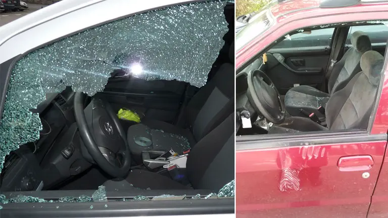 Imágenes de varios coches atacados de madrugada con las lunas rotas en la zona de Aranzadi, en Pamplona POLICÍA MUNICIPAL