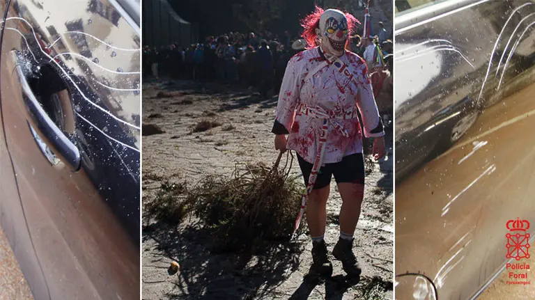 Imagen de archivo de una persona disfrazada en los carnavales de Ituren junto con las fotografías policiales de algunos de los coches dañados durante la celebración de la fiesta ARCHIVO
