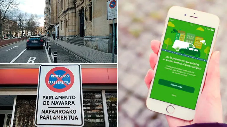 A la izquierda, los supuestos apeaderos instalados por Asirón y, a la derecha, detalle de la nueva aplicación móvil. NAVARRACOM