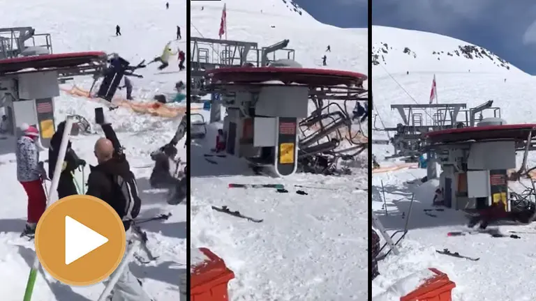 Fotogramas del v&iacute;deo en el que un telesilla lanza a la gente por los aires