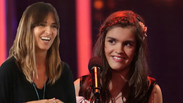 La directora de castings de Gestmusic, Noemi Galera, junto a una imagen de Amaia Romero, con 13 años concursando en El numero 1 de Antena 3 FOTOMONTAJE