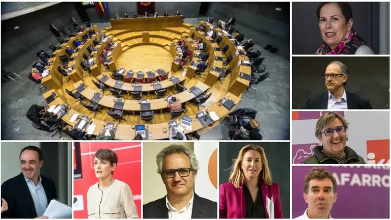 Los representantes de los distintos partidos políticos de Navarra y una imagen del Parlamento de la Comunidad foral.