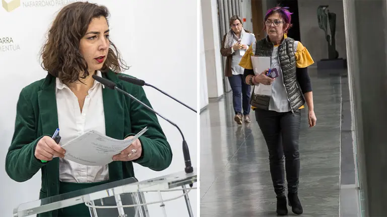 A la izquierda, Laura Pérez durante la rueda de prensa al término de Mesa y Junta y, a la derecha, Tere Sáez entrando a la sala. IÑIGO ALZUGARAY