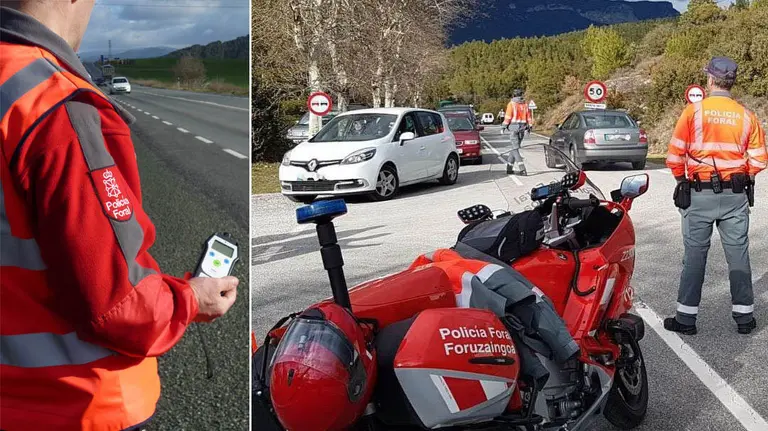 Imágenes de varios policías forales durante controles de alcoholemia y durante desvíos de tráfico para conductores que circulan en las carreteras navarras. POLICÍA FORAL
