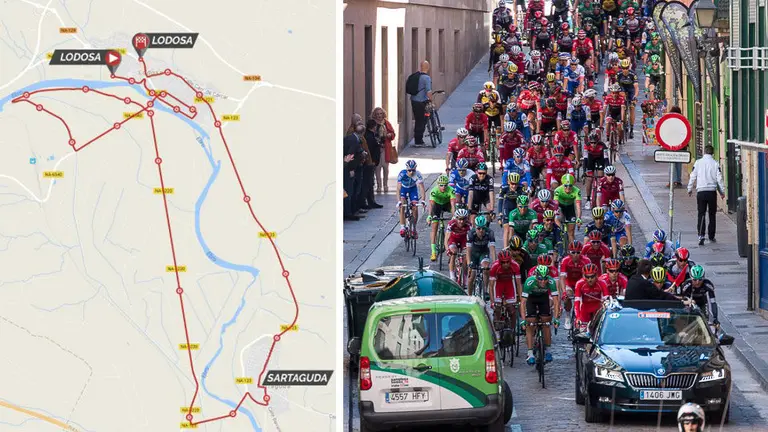 Montaje con el recorrido de la crontrareloj de Lodosa y una imagen de la salida del año pasado en Pamplona de la Vuelta al País Vasco. ITZULI NAVARRA.COM