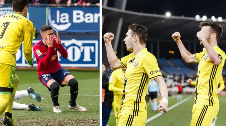 Montaje con dos imágenes de Osasuna, en la izqueirda Kike Barja se lamenta de una ocasión fallada y en la derehca David y Oier celebran un gol. NAVARRA.COM