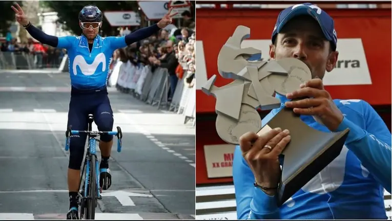 Alejandro Valverde celebra el triunfo en Estella en el Gran Premio Miguel Induráin. EFE. VILLAR LÓPEZ