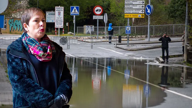Imagen de una carretera inundada este jueves 12 de abril a la entrada de Huarte junto a una fotografía reciente de la presidenta del Gobierno foral, Uxue Barkos NAVARRACOM