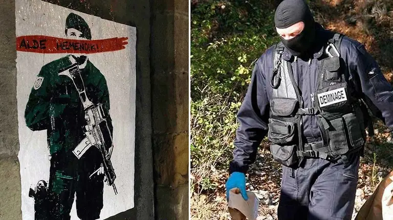 GRA392. ALSASUA (NAVARRA), 14/11/2016.- Cartel colocado hoy en la locadidad de Alsasua con la frase "Alde Hemendik-Fuera de aqui" tras la detención hoy de varios jóvenes en varias localidades por la agresión a dos agentes de la Guardia Civil el pasado 15 de octubre. Las detenciones se elevan ya a ocho y están enmarcadas en la operación Ausiki. Todos ellos, según un auto de la pasada semana de la juez de la Audiencia Nacional Carmen Lamela, podrían pertenecer al "Movimiento OSPA" que dinamiza la campaña de la izquierda abertzale "Alde Hemendik" (Fuera de Aquí) contra el instituto armado y la Policía Foral. EFE/Jesús Diges