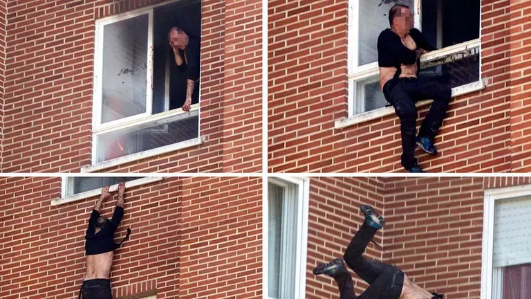 Momento en que el hombre se lanza por la ventana tras asesinar a su exmujer y a la madre de esta