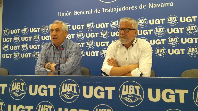 Rueda de prensa del secretario confederal de Acción Sindical de la UGT, Gonzalo Pino, junto al secretario general del sindicato en Navarra, Jesús Santos EUROPA PRESS