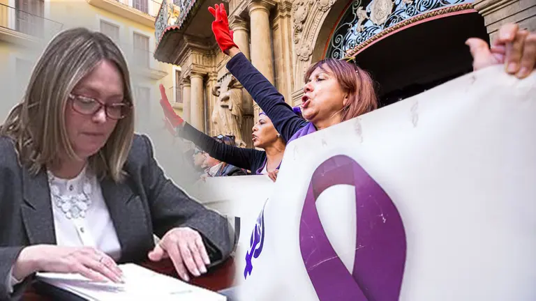 Imagen de la presidenta de la Audiencia provincial de Navarra, Esther Erice, junto a uno de los momentos de las concentraciones contra el fallo de la sentencia de La Manada NAVARRACOM